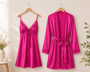 Fuchsia Romance Satin Robe & Nightdress Set in Lycra