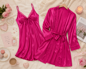 Fuchsia Romance Satin Robe & Nightdress Set in Lycra