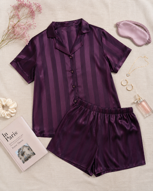 Royal Merlot Satin Shorts Set