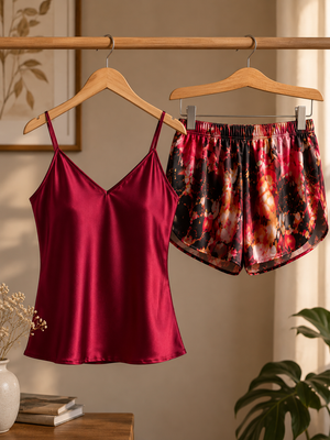 Crimson Reverie Satin Cami Set