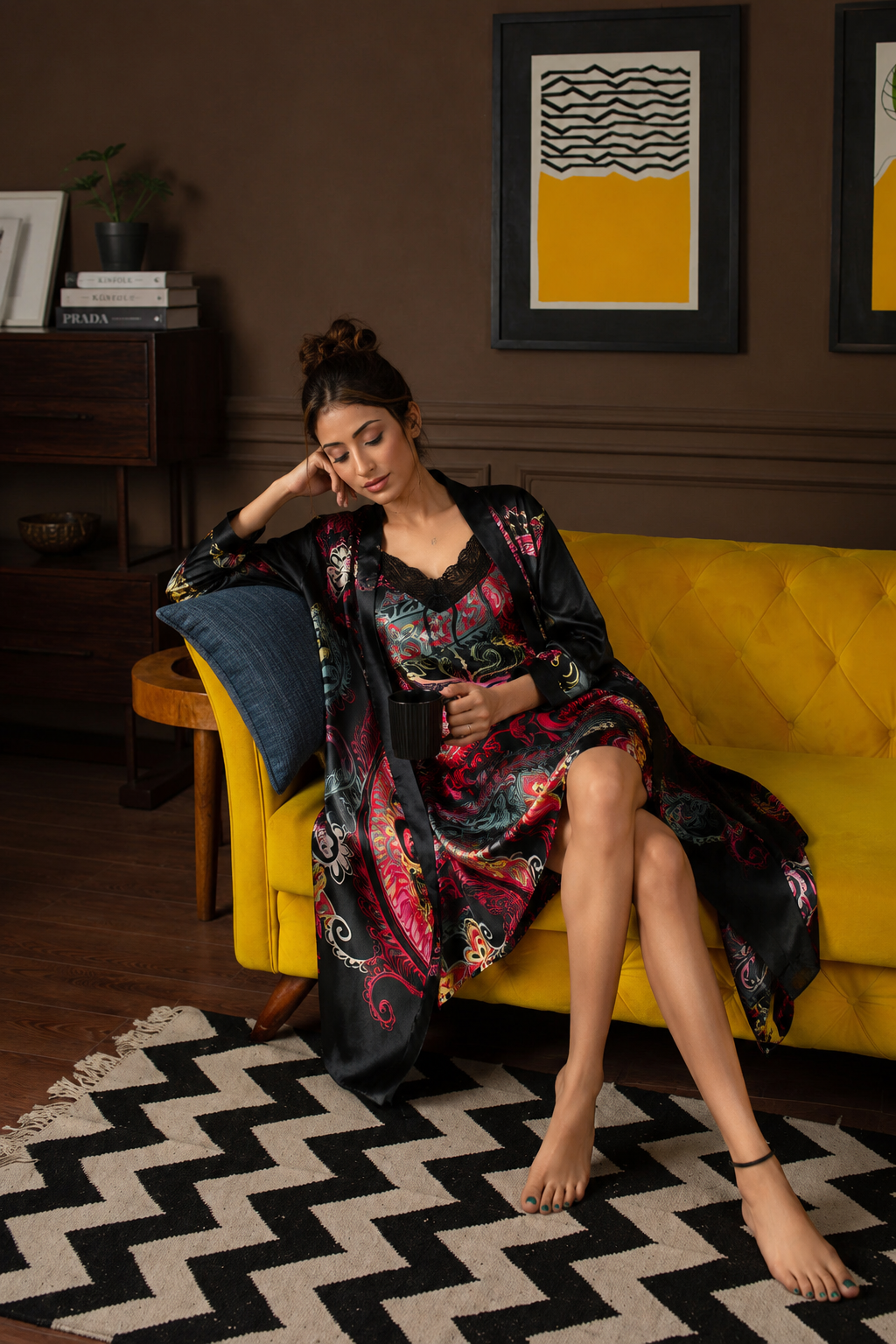 Black Festive Print Short Satin Nightgown Set