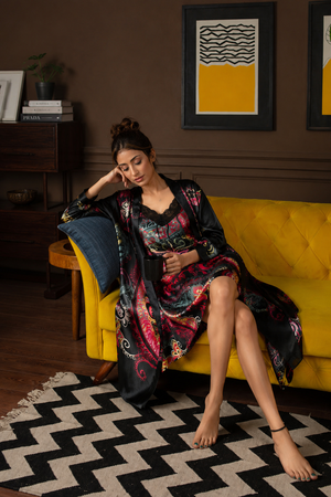 Black Festive Print Short Satin Nightgown Set