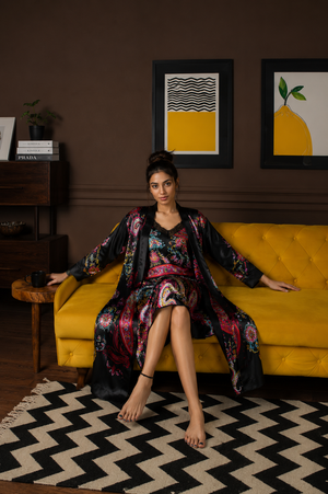 Black Festive Print Short Satin Nightgown Set