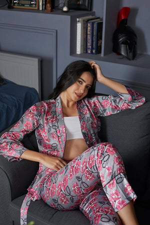 Grey Floral Satin Co-ord Set With Robe