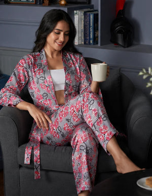 Grey Floral Satin Co-ord Set With Robe