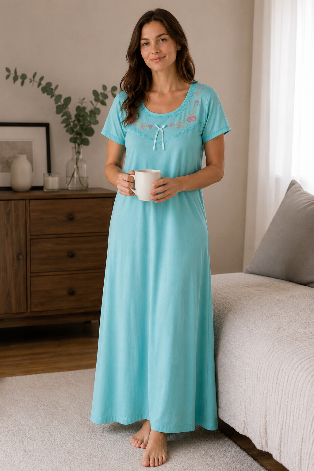 Olivia Aqua Serenity | Premium Cotton Hosiery Lounge Nightie