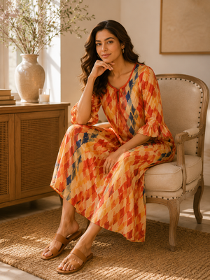 Coral Mosaic Layered Chiffon Lounge Dress