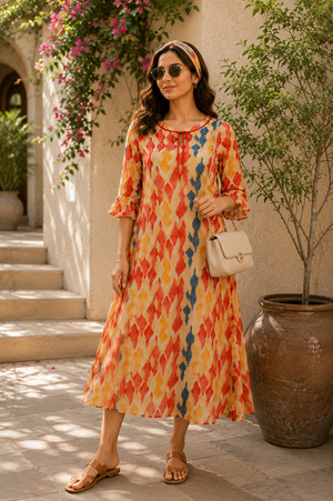 Coral Mosaic Layered Chiffon Lounge Dress