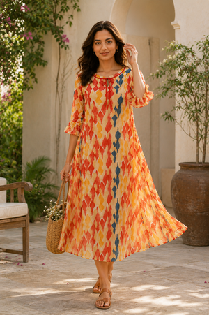 Coral Mosaic Layered Chiffon Lounge Dress