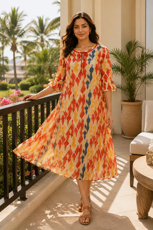 Coral Mosaic Layered Chiffon Lounge Dress