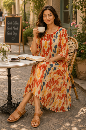 Coral Mosaic Layered Chiffon Lounge Dress