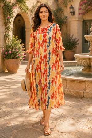 Coral Mosaic Layered Chiffon Lounge Dress