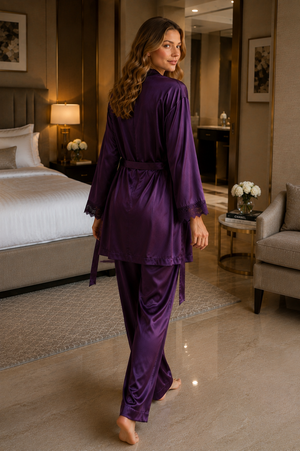 Royal Plum Satin 3-Piece Nightwear Set