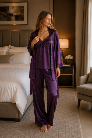 Royal Plum Satin 3-Piece Nightwear Set
