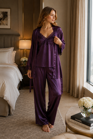 Royal Plum Satin 3-Piece Nightwear Set