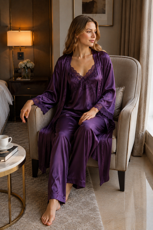 Royal Plum Satin 3-Piece Nightwear Set