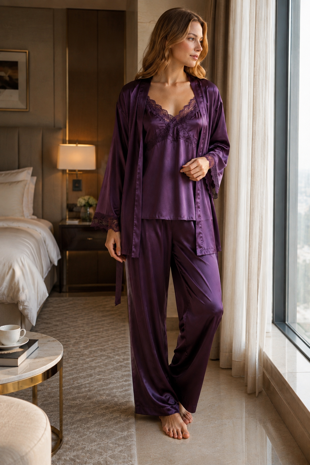 Royal Plum Satin 3-Piece Nightwear Set