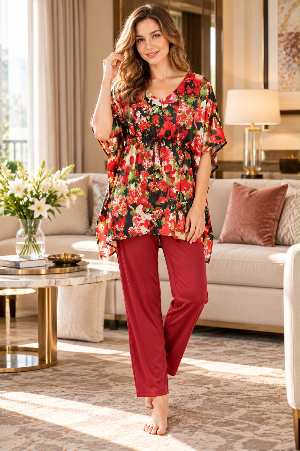 The Ravelle Rouge Satin Kaftan Set
