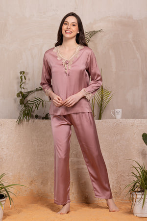 Silk satin Night suit with Intricate lace detail