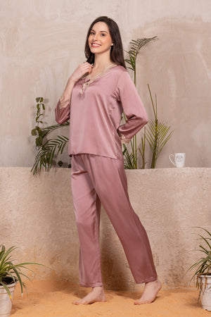 Silk satin Night suit with Intricate lace detail
