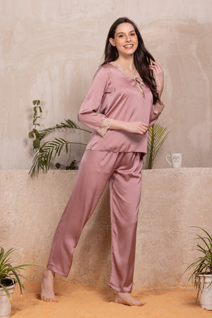 Silk satin Night suit with Intricate lace detail