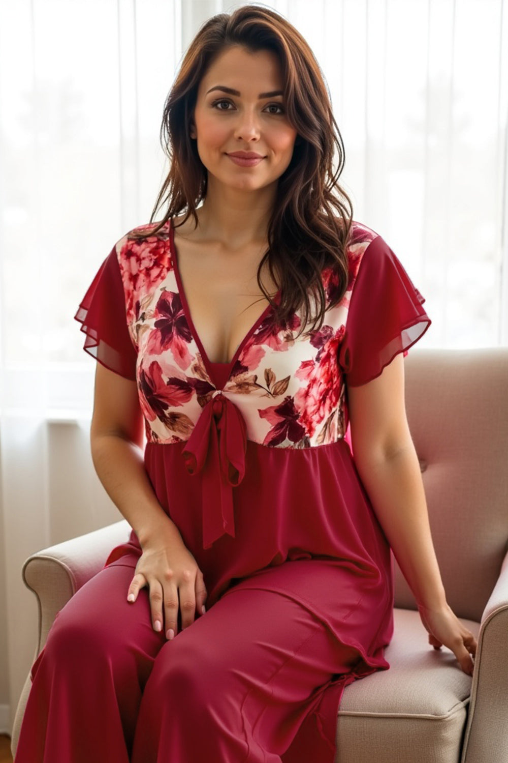 Maroon Blush Breeze Chiffon Sleep Set