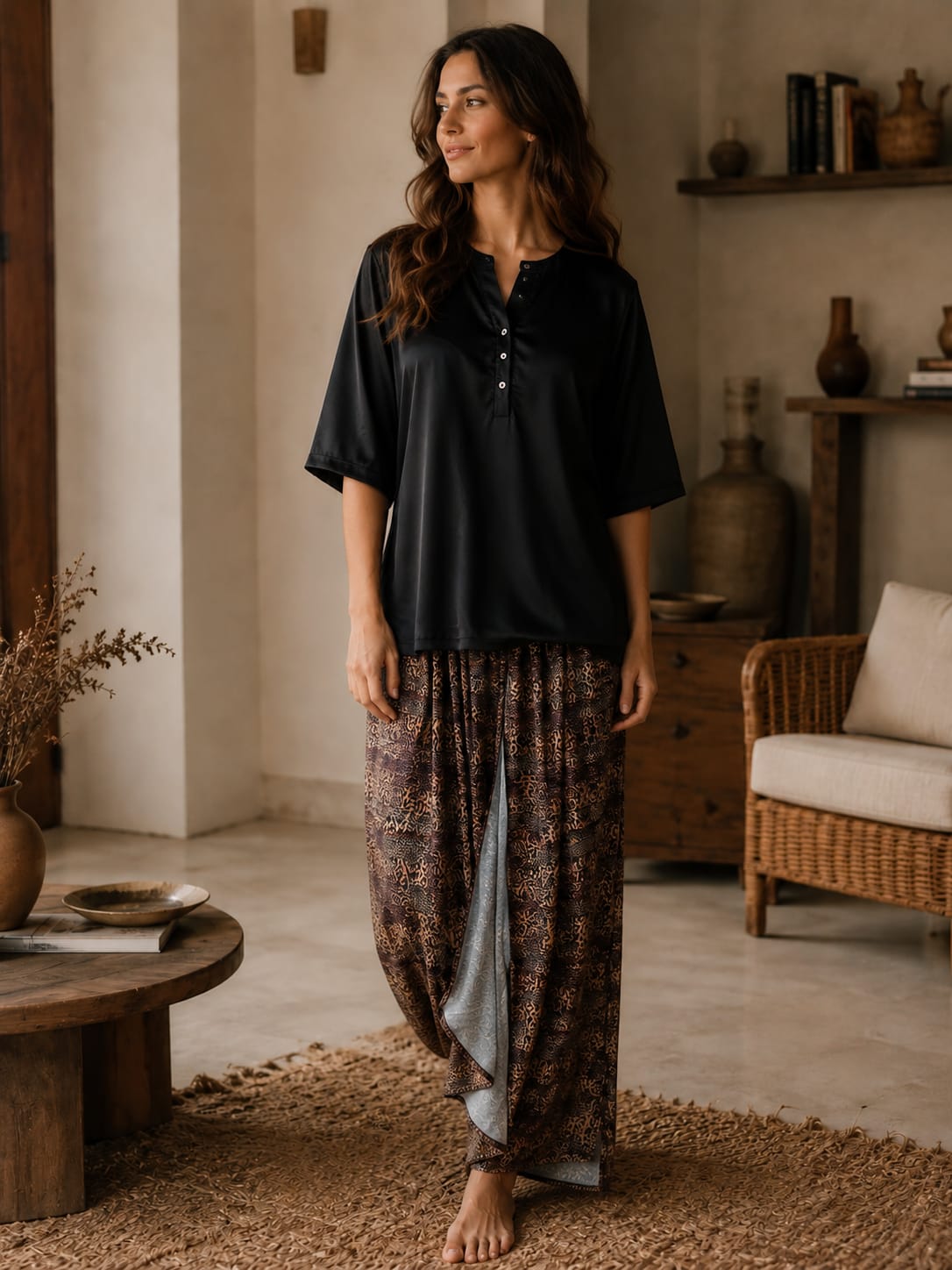 Midnight Leopard Drape Lungi Kurta