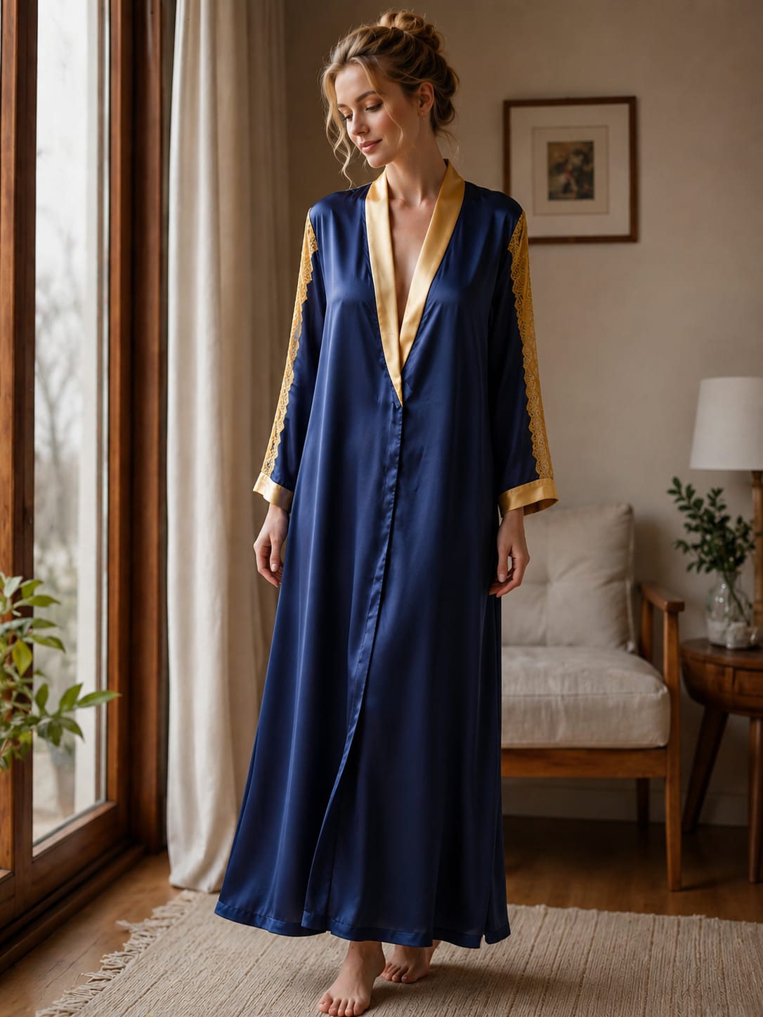 Midnight Elegance Navy Satin Overlap Gown with Lace
