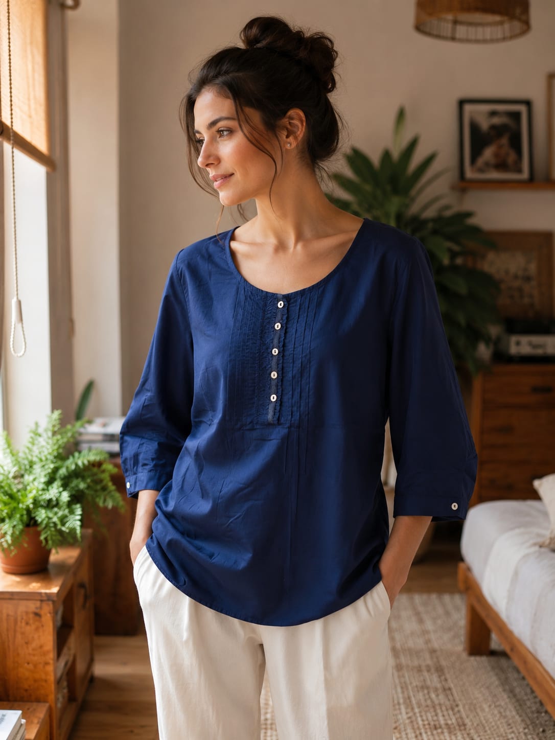 Everyday Blue Cotton Western Shirt for Women