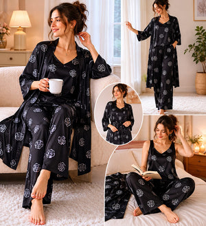Black Floral Top, PJ &amp; Robe Set – Satin