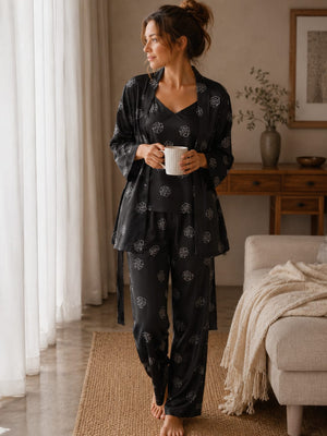 Black Floral Top, PJ &amp; Robe Set – Satin