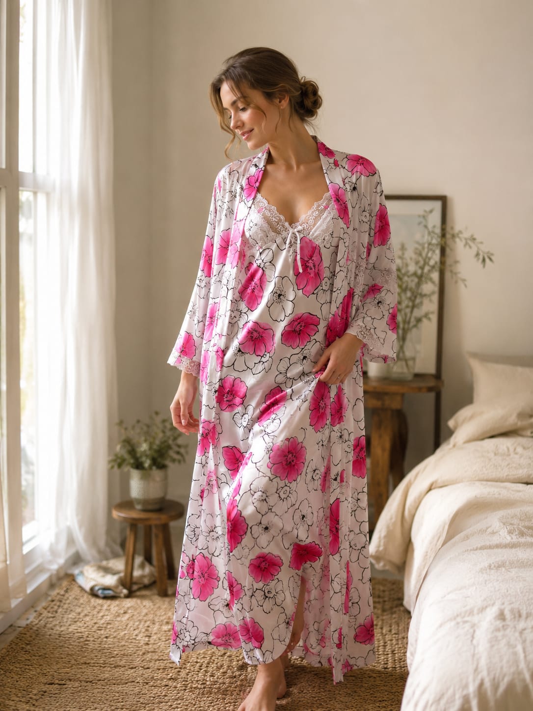 Floral Satin Long Nightgown Set with Lace