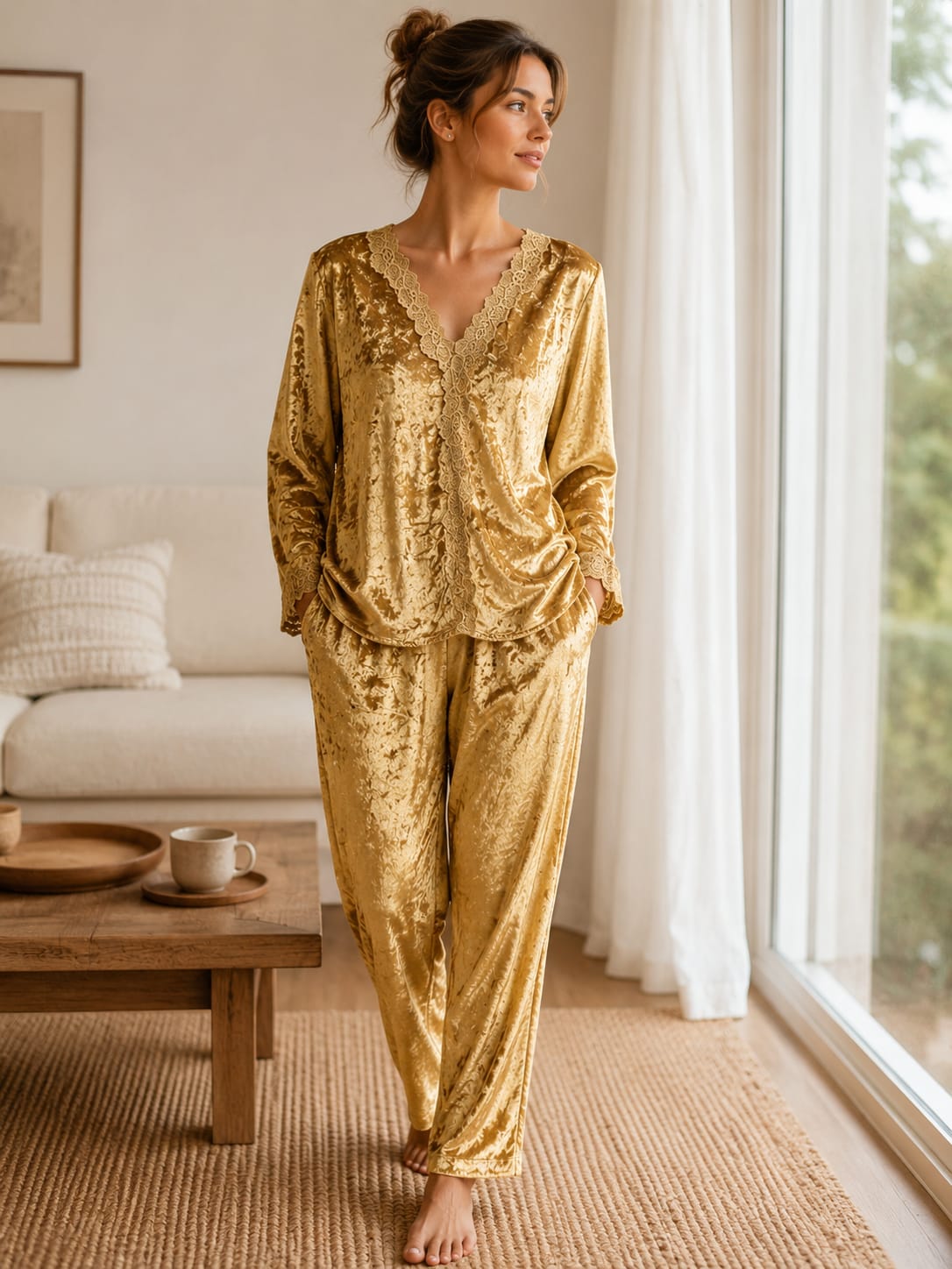 Golden Frost Velvet Lace Night Set