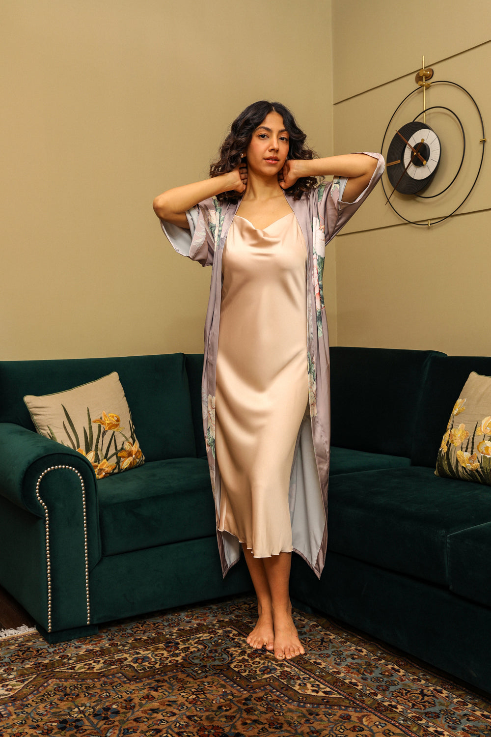 Beige Placement Satin Printed Nightgown Set