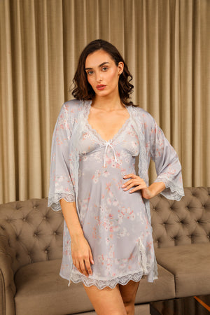 Grey Floral Plush Satin Short Nightgown Set