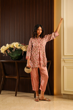 Peach Floral Satin Co-ord Set