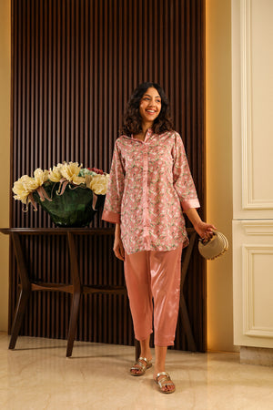 Peach Floral Satin Co-ord Set