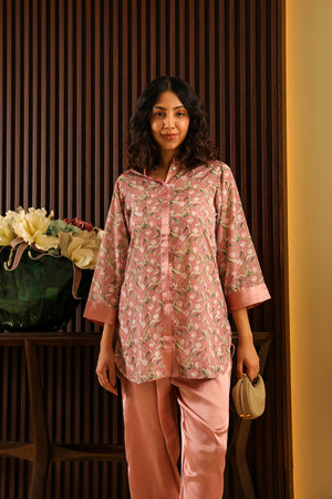 Peach Floral Satin Co-ord Set