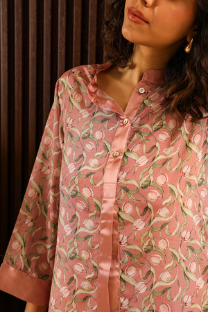 Peach Floral Satin Co-ord Set