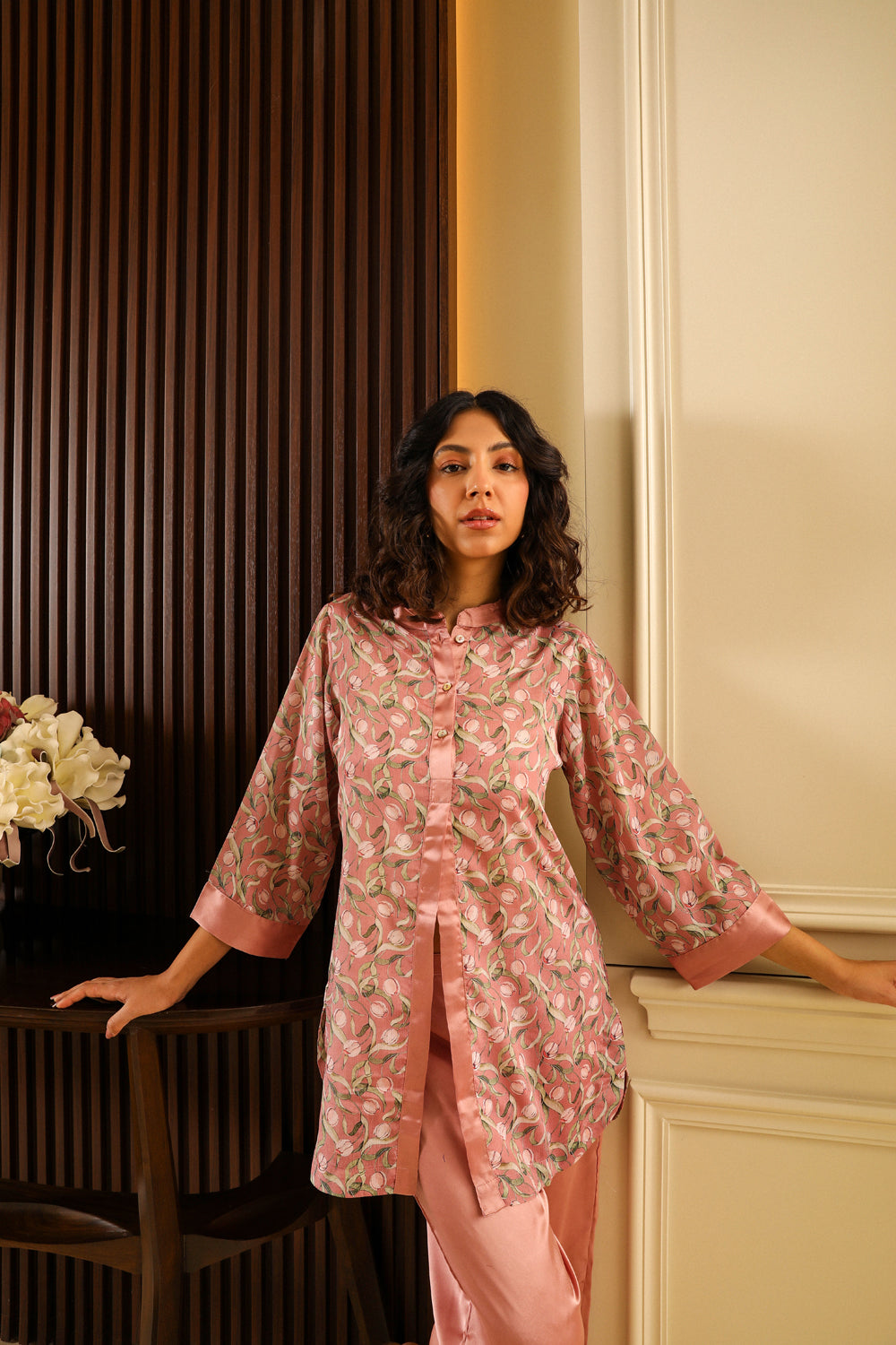 Peach Floral Satin Co-ord Set