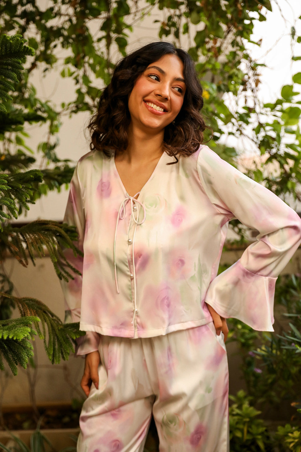 Printed Satin Pj set with ruffle sleeves