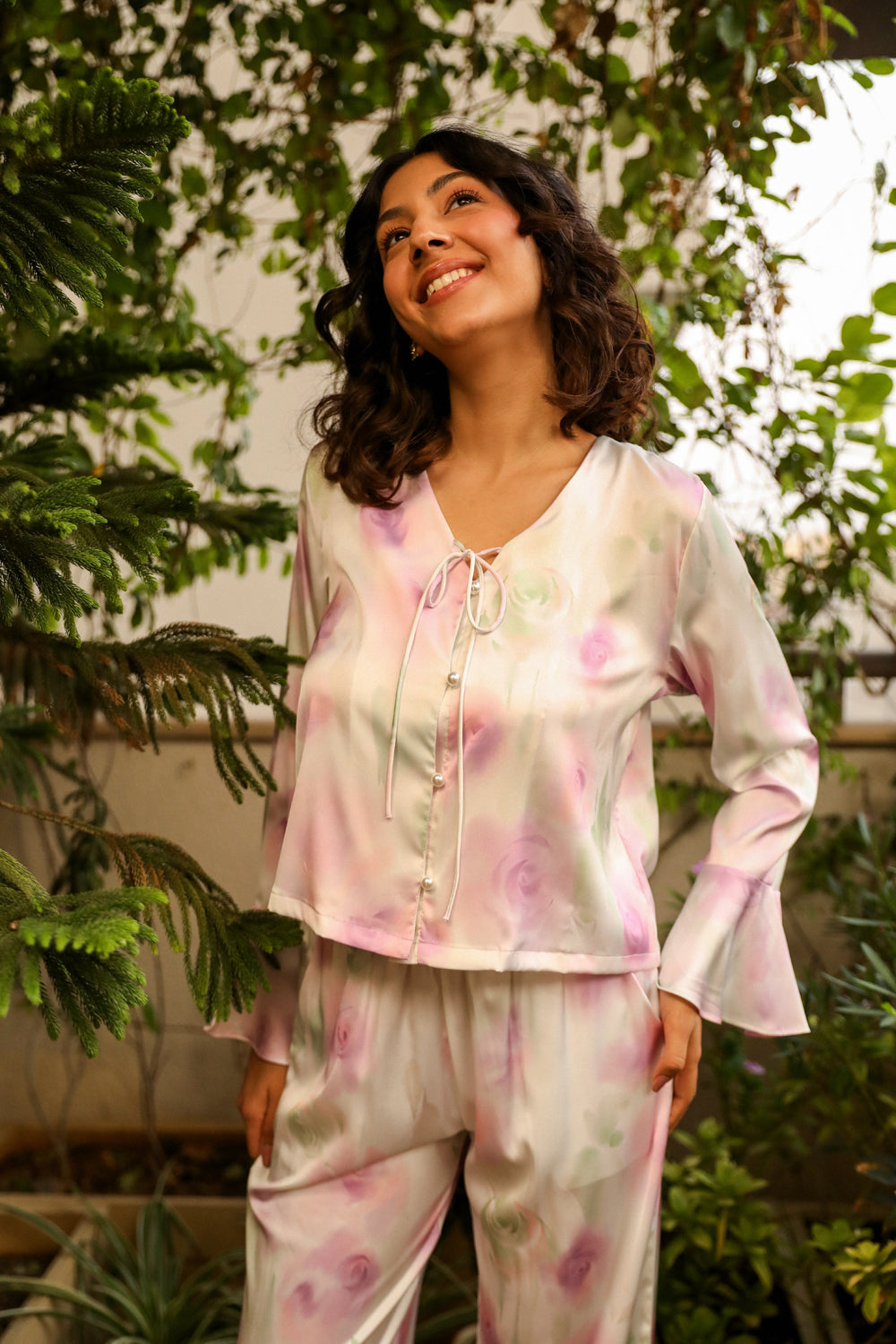 Printed Satin Pj set with ruffle sleeves