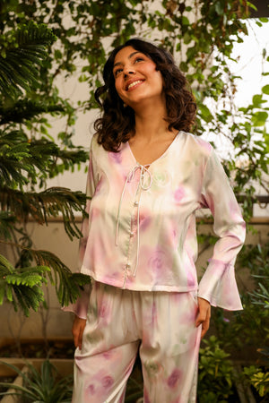 Printed Satin Pj set with ruffle sleeves