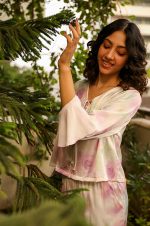 Printed Satin Pj set with ruffle sleeves