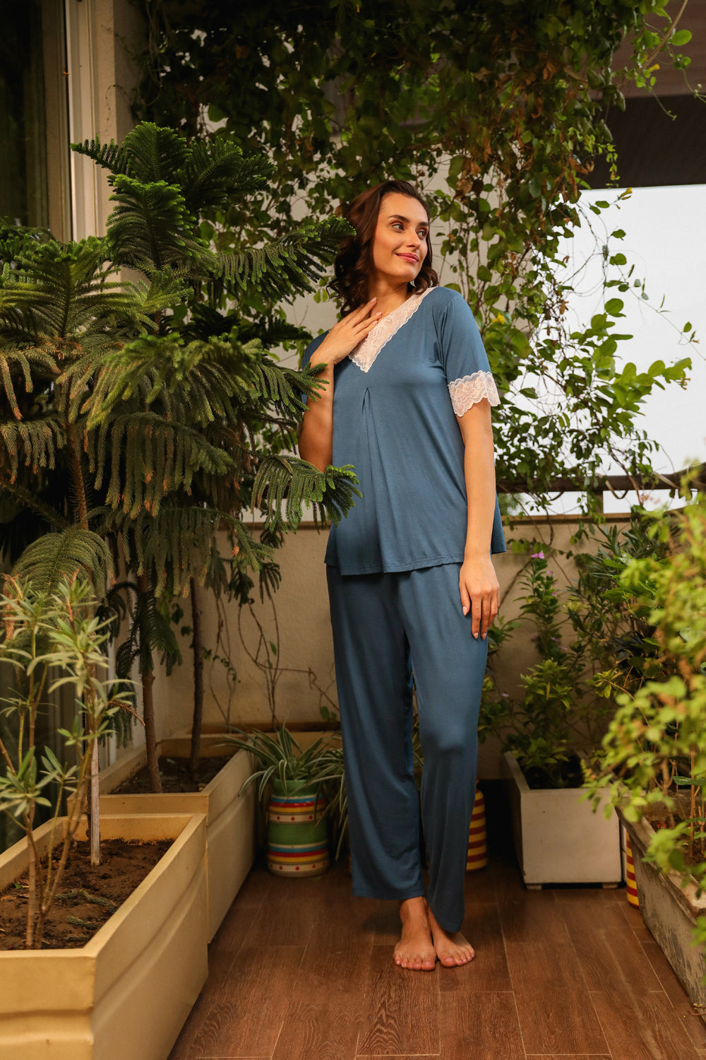 Blue Cotton Hosiery Night Suit With Lace Detail