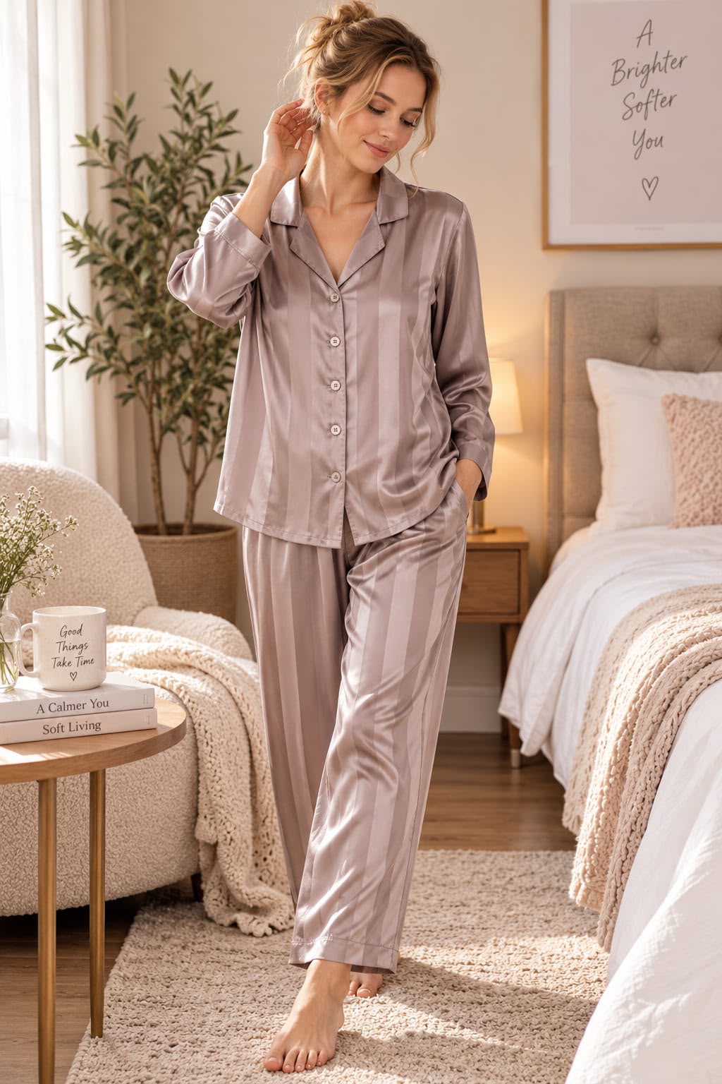 Mauve Satin Striped Shirt-Style Night Suit