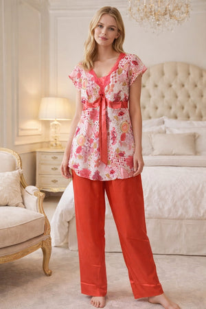 Coral Blossom layered Chiffon Lounge Set