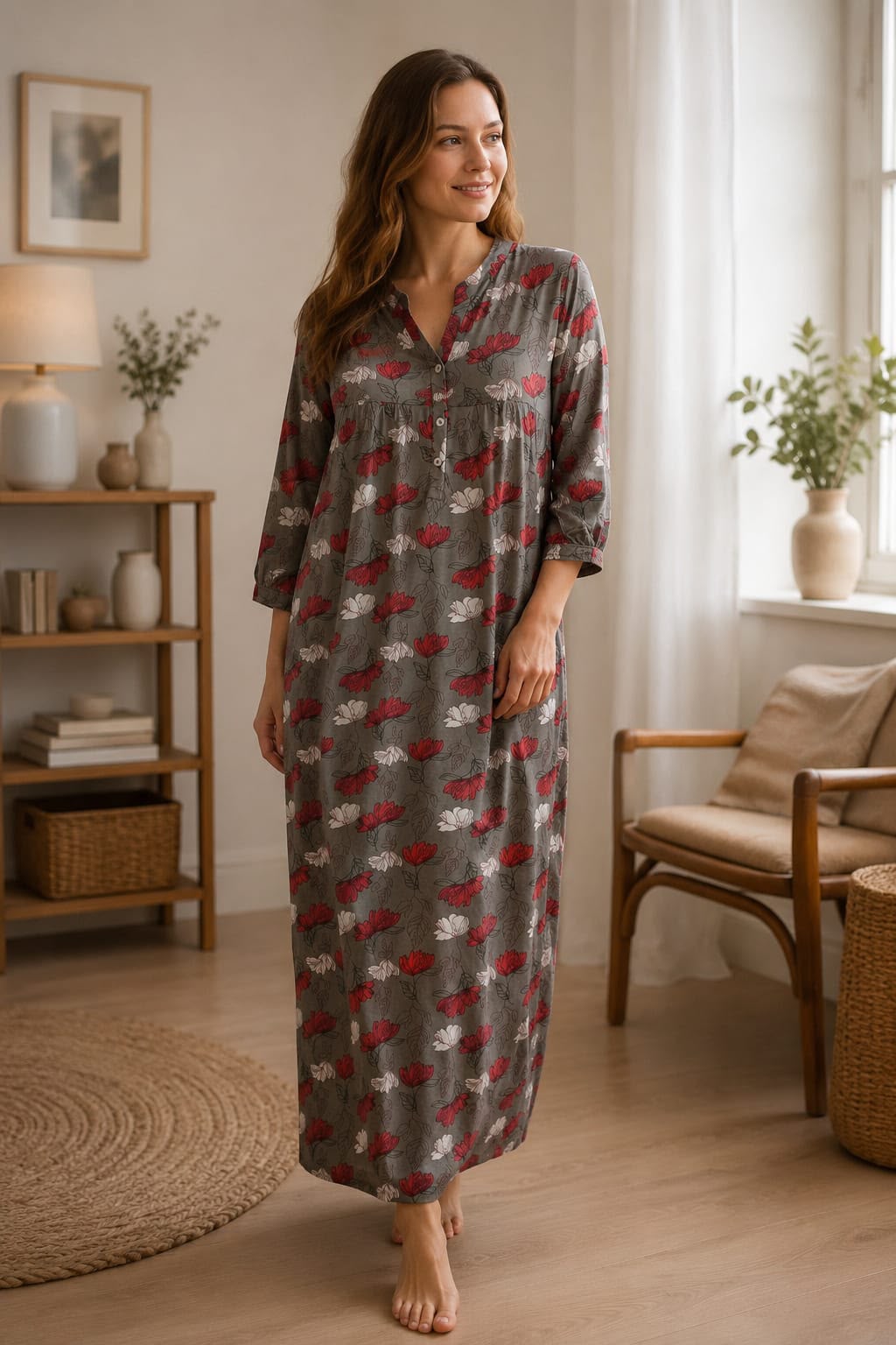 Heather Button Lounge Nighty | Mist Grey