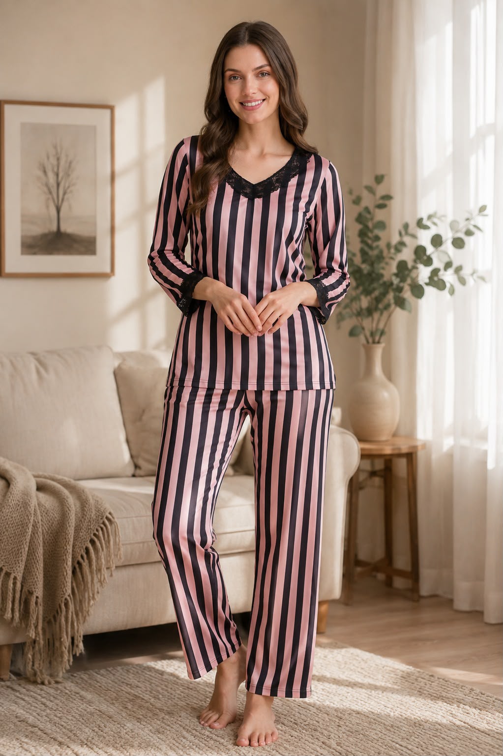 Night suit in Stripe Satin
