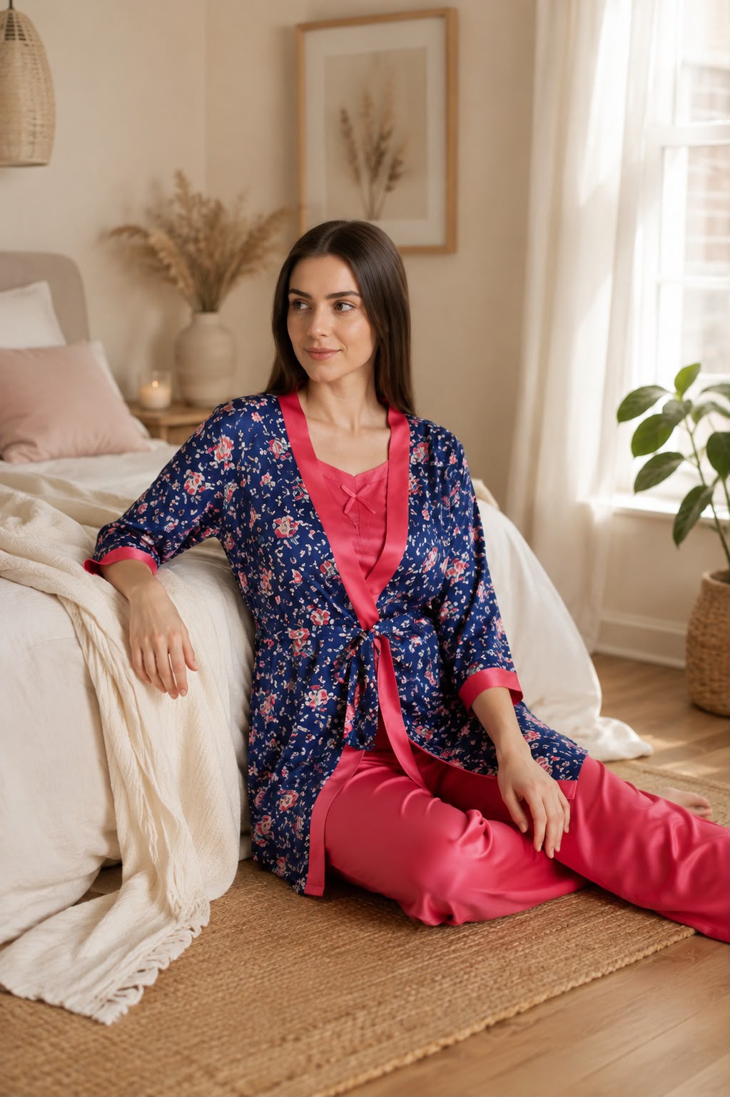 Satin Night suit with Floral Robe Blue